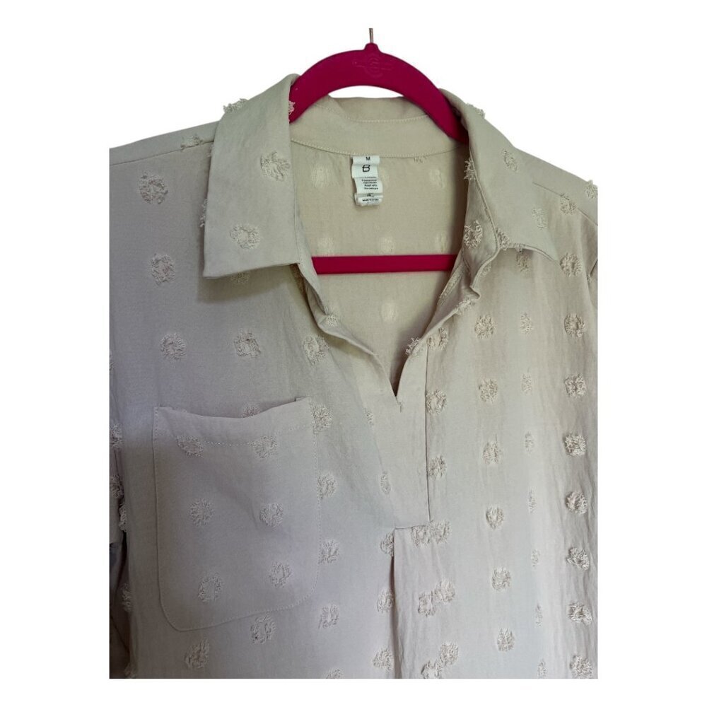 Women's Trendy Boho Beige Pom Pom Dress Lightweight Tunic Shirt Vacation Sz Med - Picture 4 of 6
